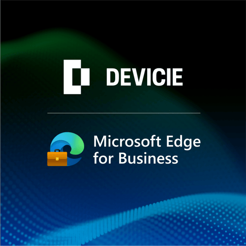 Devicie and Microsoft Edge for Business logos on a dark blue and green gradient background, representing their new browser telemetry and endpoint integration.